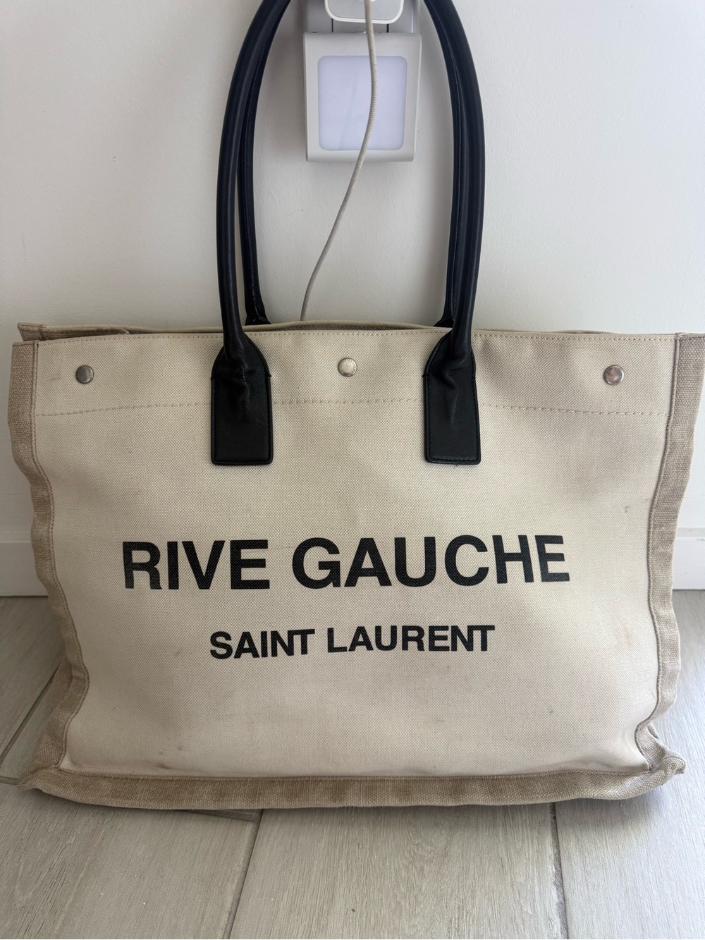 Saint Laurent Beige Canvas Rive Gauche Tote with Black Handles